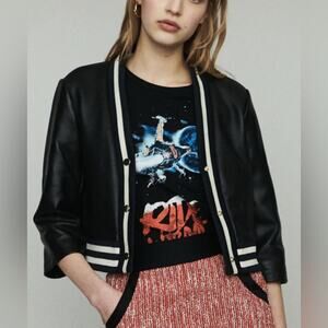 Maje Black and Cream Varsity Jacket leather cropped 3/4 sleeves 40 US 8